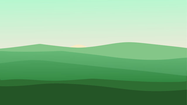 Minimalist green mountain range under soft dawn light with gradient layers
