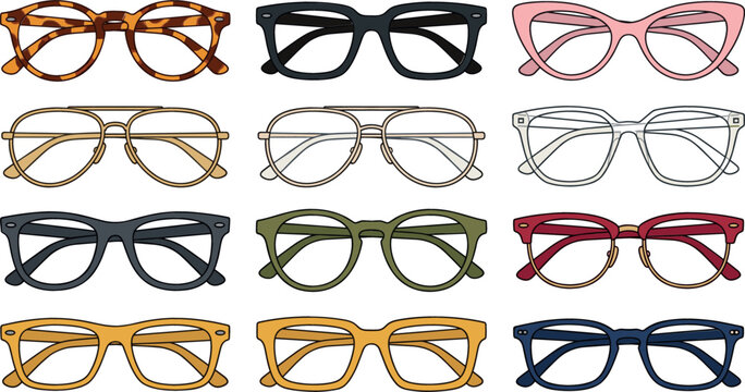 Eyeglasses frames vector collection with stylish spectacles reading glasses including aviator cat eye round tortoise shell designs isolated on white background.