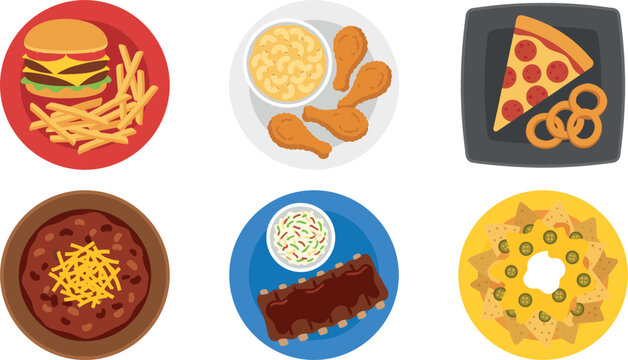 Fast food vector icons set with top view plates of burger fries fried chicken pizza nachos bbq ribs and chili isolated on white background.