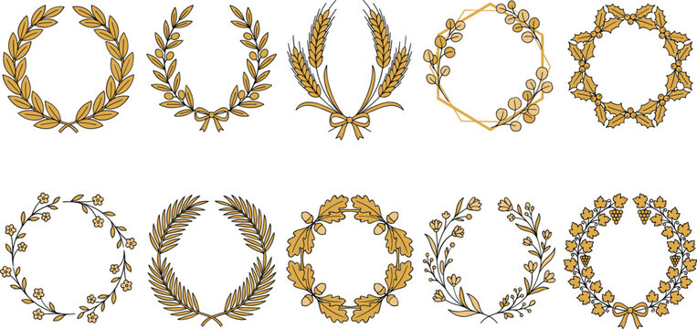 Golden laurel wreath and botanical floral frame vector icon set featuring wheat ears, oak leaves, berries, and elegant reward award borders.