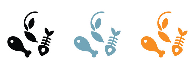 Naklejka premium Food Waste icon set, discarded food illustrations featuring apple core fish bone and chicken leg, organic waste disposal concept, recycling and composting vector illustration.