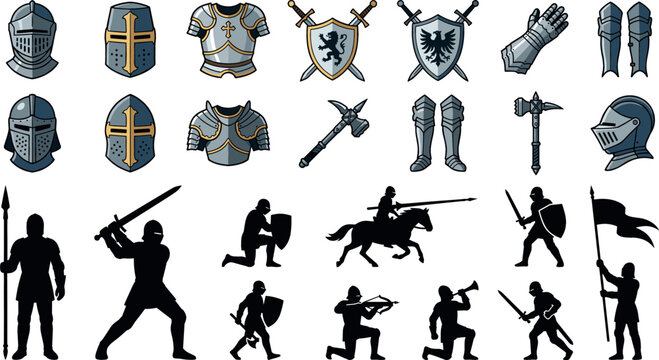 Medieval knight armor and warrior silhouettes set featuring helmets, shields, breastplates, weapons, and military soldiers isolated on white background.