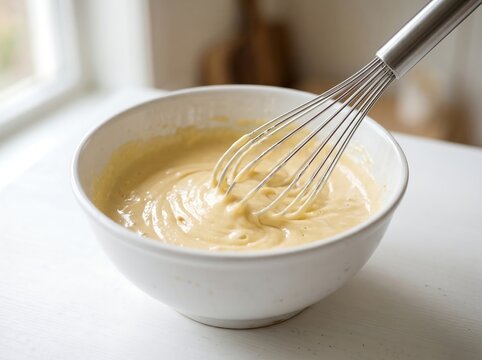 Whisking smooth cake batter in a porcelain bowl