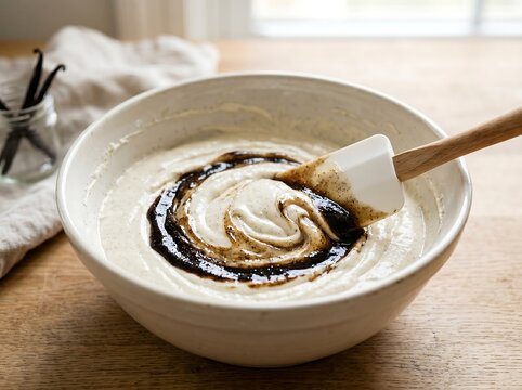 Folding vanilla paste into a smooth cake batter