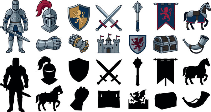 Medieval knight vector icons collection with armor suit swords shield gauntlet castle horse banners and black silhouettes set isolated on white background.