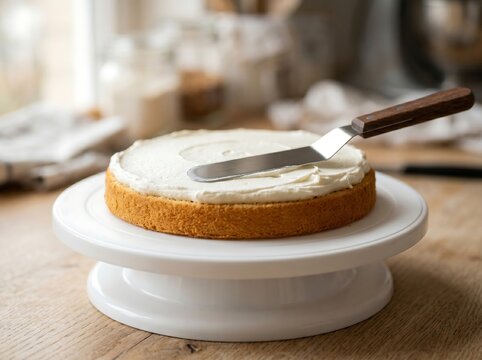 Spreading white cream on a cake layer with a spatula