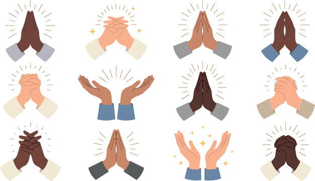 Diverse praying hands vector icons set with multiethnic skin tones clasped palms and open praise gestures for faith spiritual worship isolated on white background.