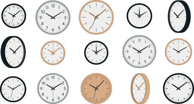 Modern wall clock vector icons set with round analog timepieces wood frames metallic trims side perspective angles and flat dial face templates isolated on white background.