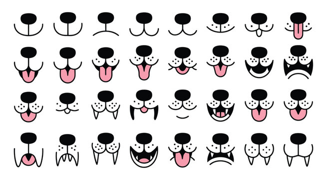 Dog Mouth vector cute puppy face with open and closed mouth, tongue licking and nose detail, pet care and vet clinic symbol, animal emotion illustration set.