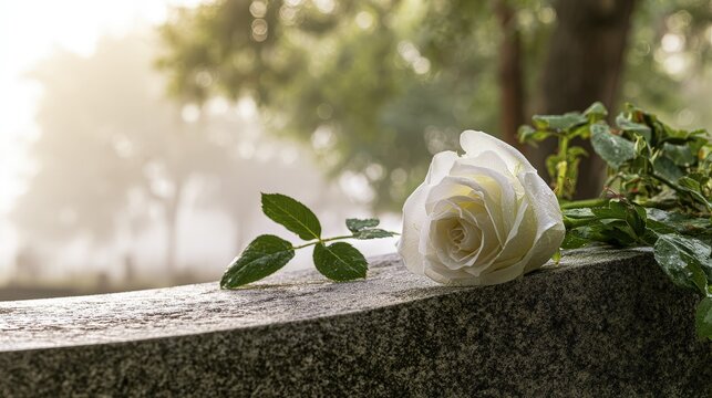 White rose rests on a stone surface in a misty setting during early morning hours with greenery in the background
