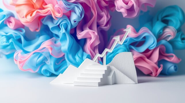 Abstract steps ascend toward rising arrow. Colorful fluid backdrop creates dynamic visual impact. Growth concept illustrated.