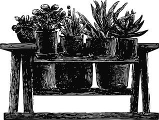 Fototapeta premium wooden plant stand with potted houseplants indoor garden arrangement sketch