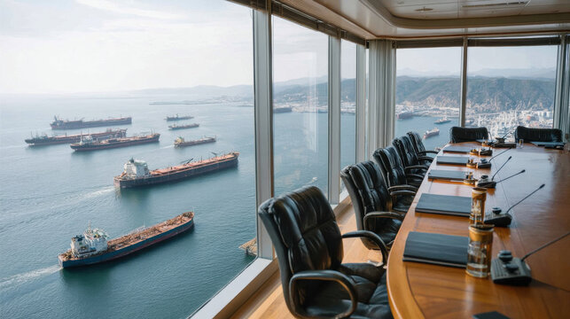 Global trade tensions shipping tanker cargo boardroom meeting