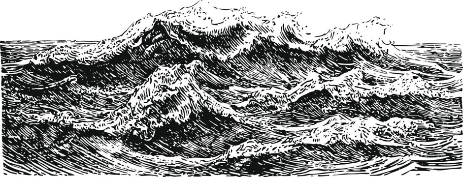 Engraving ocean waves rolling turbulent sea water sketch vintage illustration