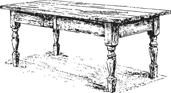 vintage wooden table engraving rustic home furniture with carved legs detailed line art illustration