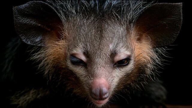 Captivating close-up portrait of a unique Aye-aye lemur with distinctive nocturnal features