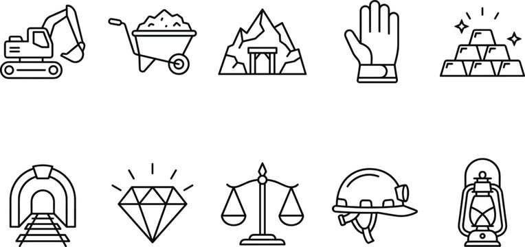 Set of mining icons, collection of mineral exploration tools, ore extraction equipment, rock, and stone.