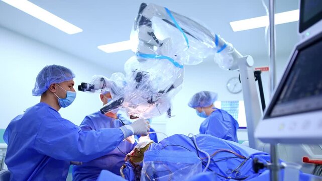 Surgical team at operating table with draped microscope and neuronavigation monitor. Three surgeons in blue gowns, bright overhead lighting, blue drape in foreground.