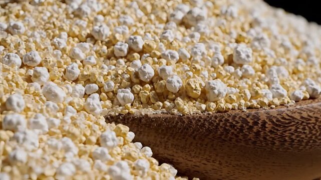 Closeup macro shot of puffed amaranth grains in a wooden bowl.