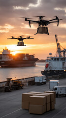 Obraz premium Drone cargo ship port container sunset logistics delivery global trade tensions as drone cargo delivery fly over port ship sunset with container