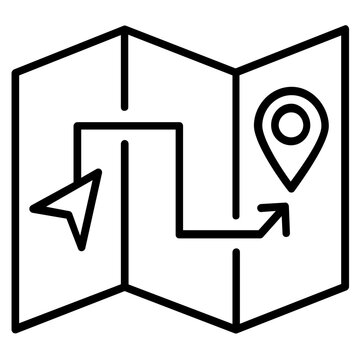 Folded paper map vector icon with location pin and navigation arrow symbols for travel, tourism, and summer leisure planning, isolated black line art illustration for web and mobile apps.