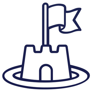 Minimalist vector icon illustration of a sandcastle with a waving flag on top, representing summer vacation, beach fun, and childhood play, perfect for travel, leisure, and holiday design projects.
