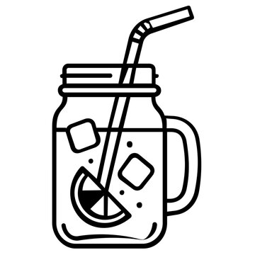 Mason jar lemonade glass with straw and ice cubes line icon vector illustration. Refreshing summer beverage in a jar with handle and bendy straw, perfect for cafe menus and healthy lifestyle.