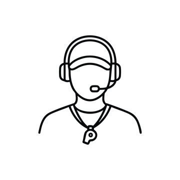 Football coach with headset and whistle line icon black and white vector illustration
