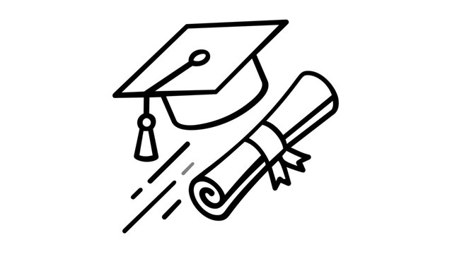 Graduation cap mortarboard and rolled diploma flying in the air vector icon illustration. Minimalist line art for commencement ceremony, university degree achievement, and academic success.