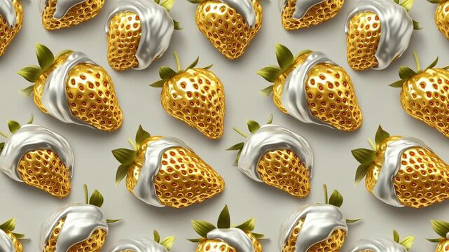 A seamless pattern of golden strawberries with white cream showcases a premium aesthetic. Ideal for food or luxury related projects.