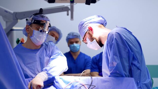 Two neurosurgeons with loupes and headlamps at operative field during brain surgery. Neuronavigation arm above, surgeons in blue gowns lean forward, bright operative light.