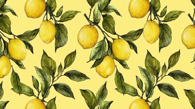 A repeating pattern of vibrant watercolor lemons and green leaves displays a natural aesthetic. Ideal for backgrounds, textures, or illustrative designs.