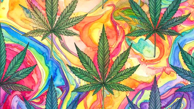 Vibrant watercolor illustration of cannabis foliage repeats continuously. Dynamic color patterns create a looping background effect.