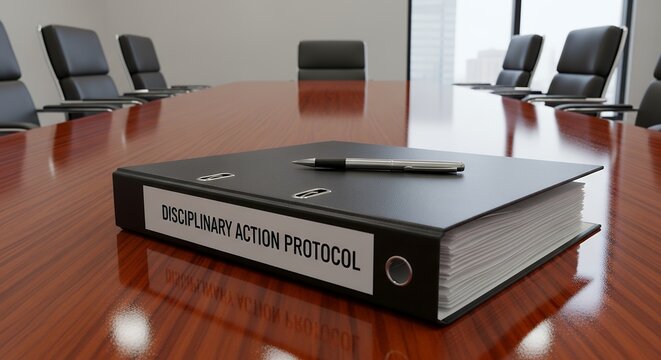 Disciplinary action protocol book on conference table