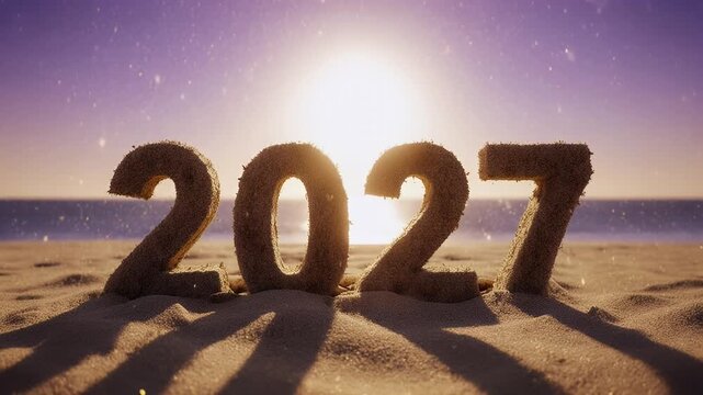Happy New Year 2027 greeting with sandy beach and sun glow, a symbol of new beginnings and a bright future