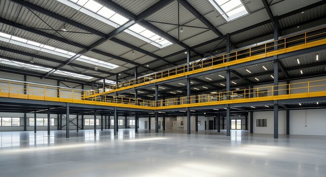 Empty industrial warehouse interior with yellow railings and mezzanine