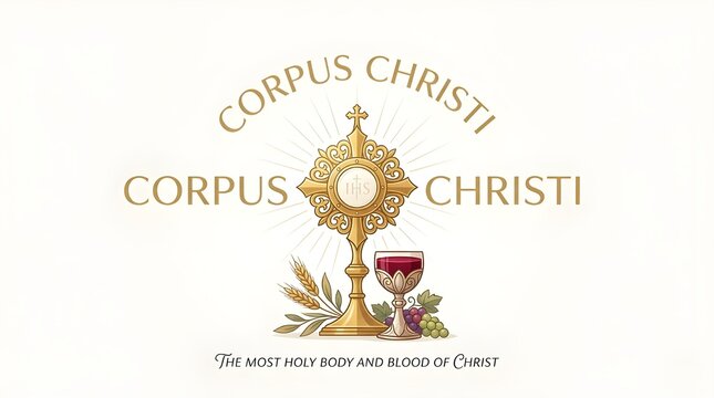 Corpus Christi Celebration Illustration: Christian Holy Sacrament Feast with Golden Chalice Monstrance Grapes and Wheat Wreath Background