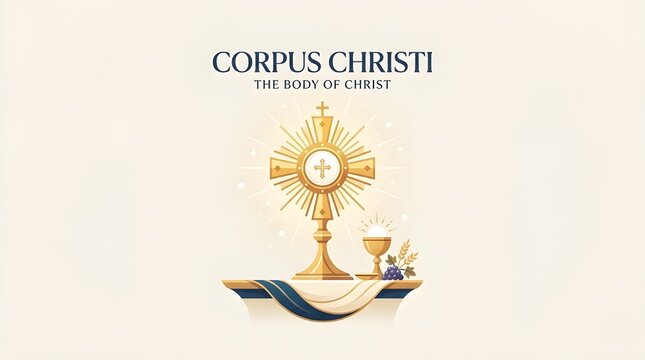 Corpus Christi Celebration Illustration: Christian Holy Sacrament Feast with Golden Chalice Monstrance Grapes and Wheat Wreath Background