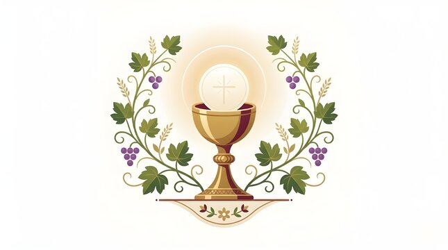 Corpus Christi Celebration Illustration: Christian Holy Sacrament Feast with Golden Chalice Monstrance Grapes and Wheat Wreath Background