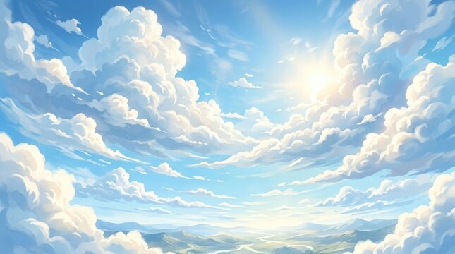 Pixel art style blue sky with fluffy white clouds in a bright sunny day