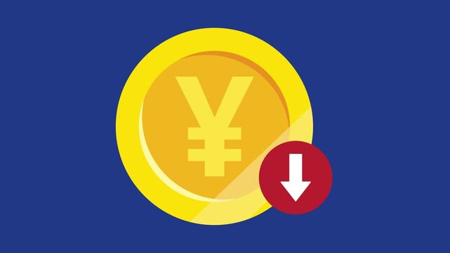 Japanese Yen JPY Coin Value Decrease Down Arrow Animation on Navy Blue Background for Asian Market Drop