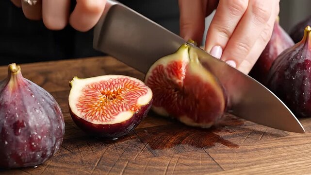 Closeup of fresh figs being sliced on a wooden cutting board.