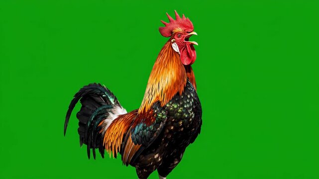 Green Screen Profile of a Vibrant Adult Rooster Crowing Loudly with Tilted Head