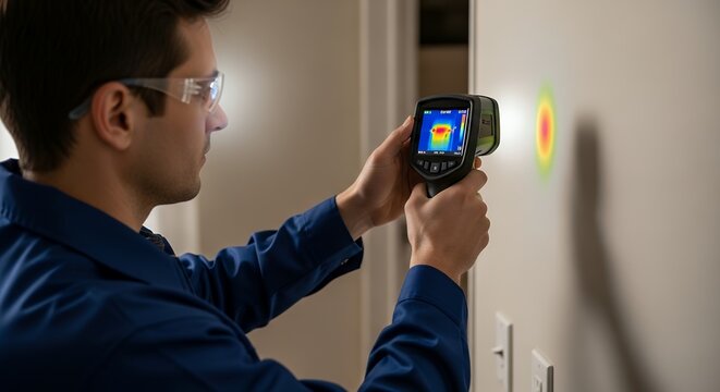 Technician scans wall with infrared thermal camera for hidden issues