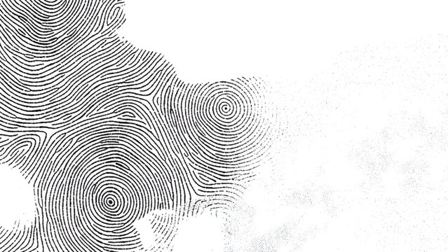 Abstract fingerprint pattern design with swirling lines and dots on white background