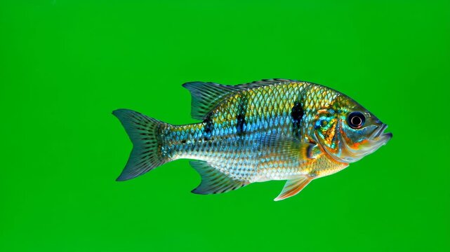 Green Screen Bluegill Fish Swimming with Illuminated Blue and Orange Scales