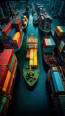 Obraz premium Global trade tensions cargo ship and container port channel with stacked freight container and busy harbor logistics supply chain transport view