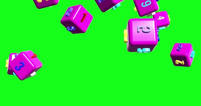 Vibrant pink number blocks tumble dynamically across a bright green screen. This engaging animation is perfect for educational content, counting, or playful introductions.