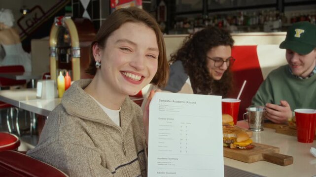 Medium close-up portrait of young Caucasian zoomer girl sitting at booth at fast food diner with friends, studying exam score sheets, looking at camera and laughing with joy at educational achievement