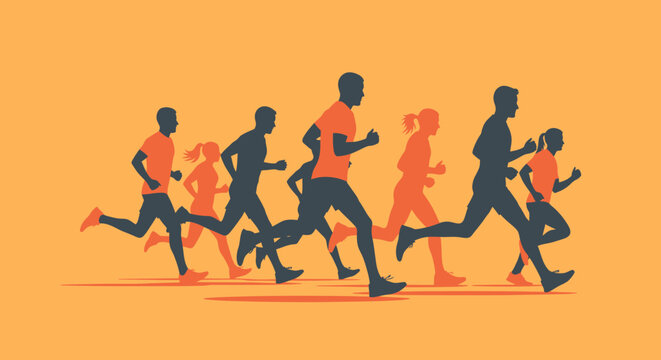 Dynamic illustration of a diverse group of men and women running together, symbolizing fitness, endurance, competition, and a healthy active lifestyle.